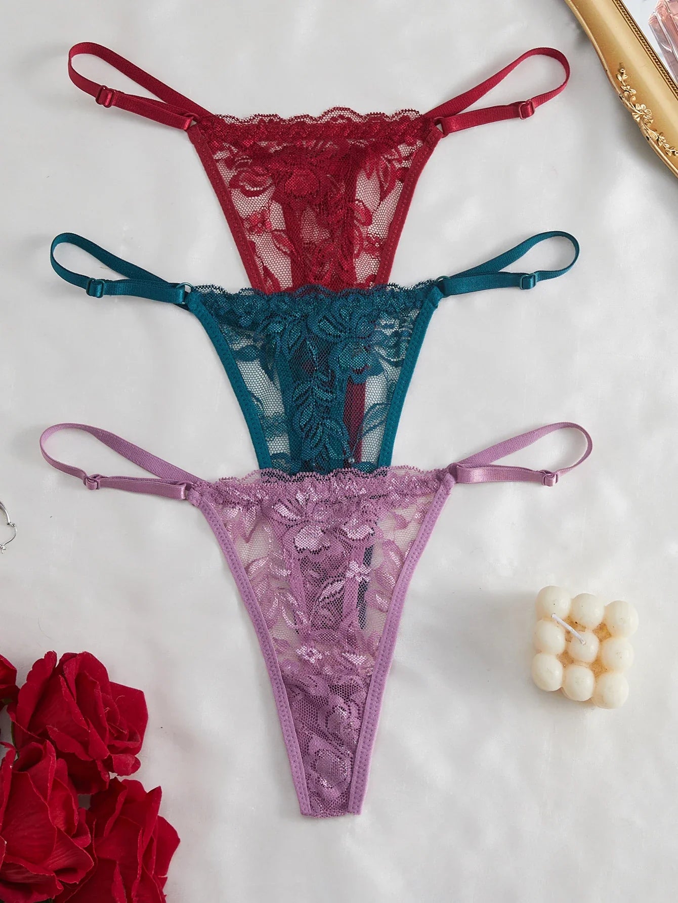 3-Pack Sexy Lace Women's Panties Adjustable Waistband Semi-Transparent Sexy Floral Lace Women's Sexy Lingerie Underwear