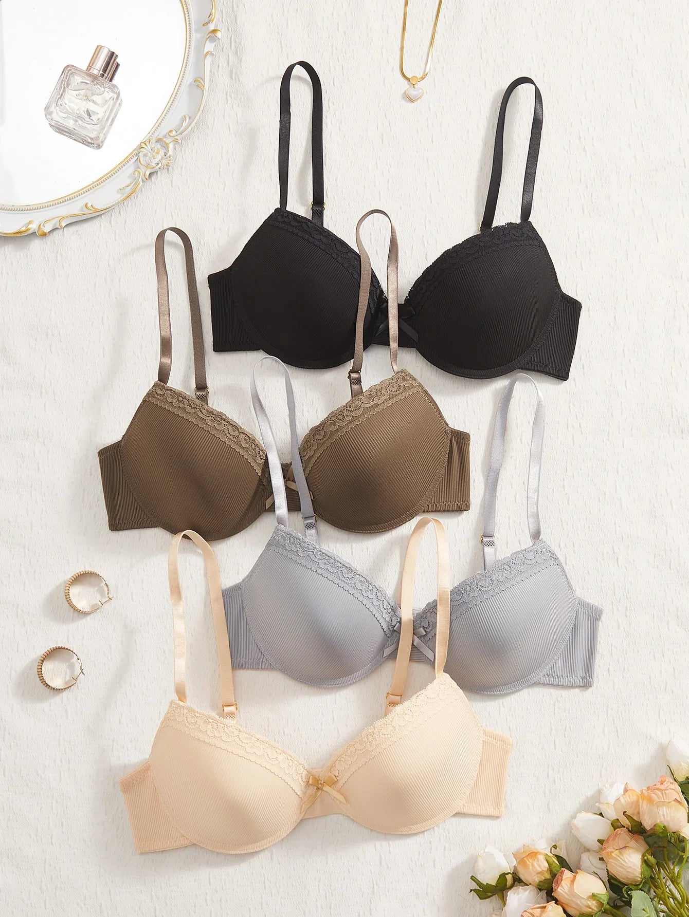4PCS Daily Lace Trim Women's Underwear Set Bow Ribbed Push up Underwire Bra Comfortable Stylish Women's Bra