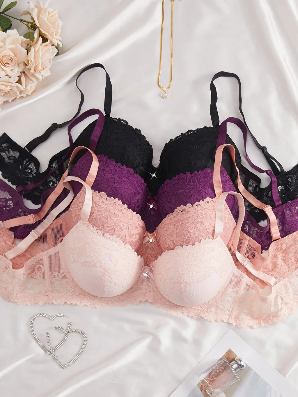 4Pcs Daily Plus Size Floral Lace Women's Underwear Set Thin Cup Push up Bra Wide Strap Underwire Side Support Women Lingerie Bra