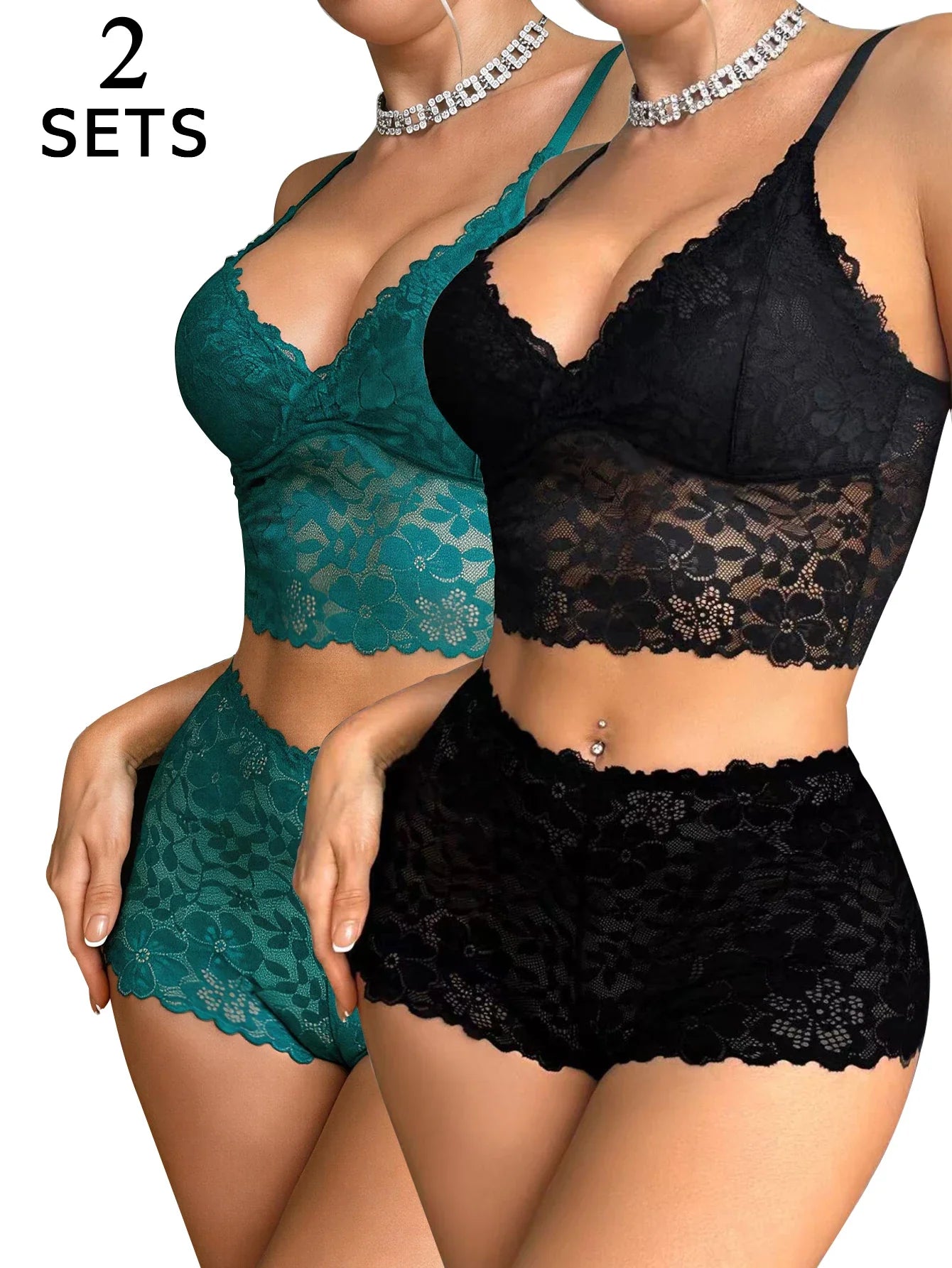 2 Sets Lace Women's Underwear Set Sexy Mesh Unlined Wireless Bra Soft Female Lace Panties Lingerie Set