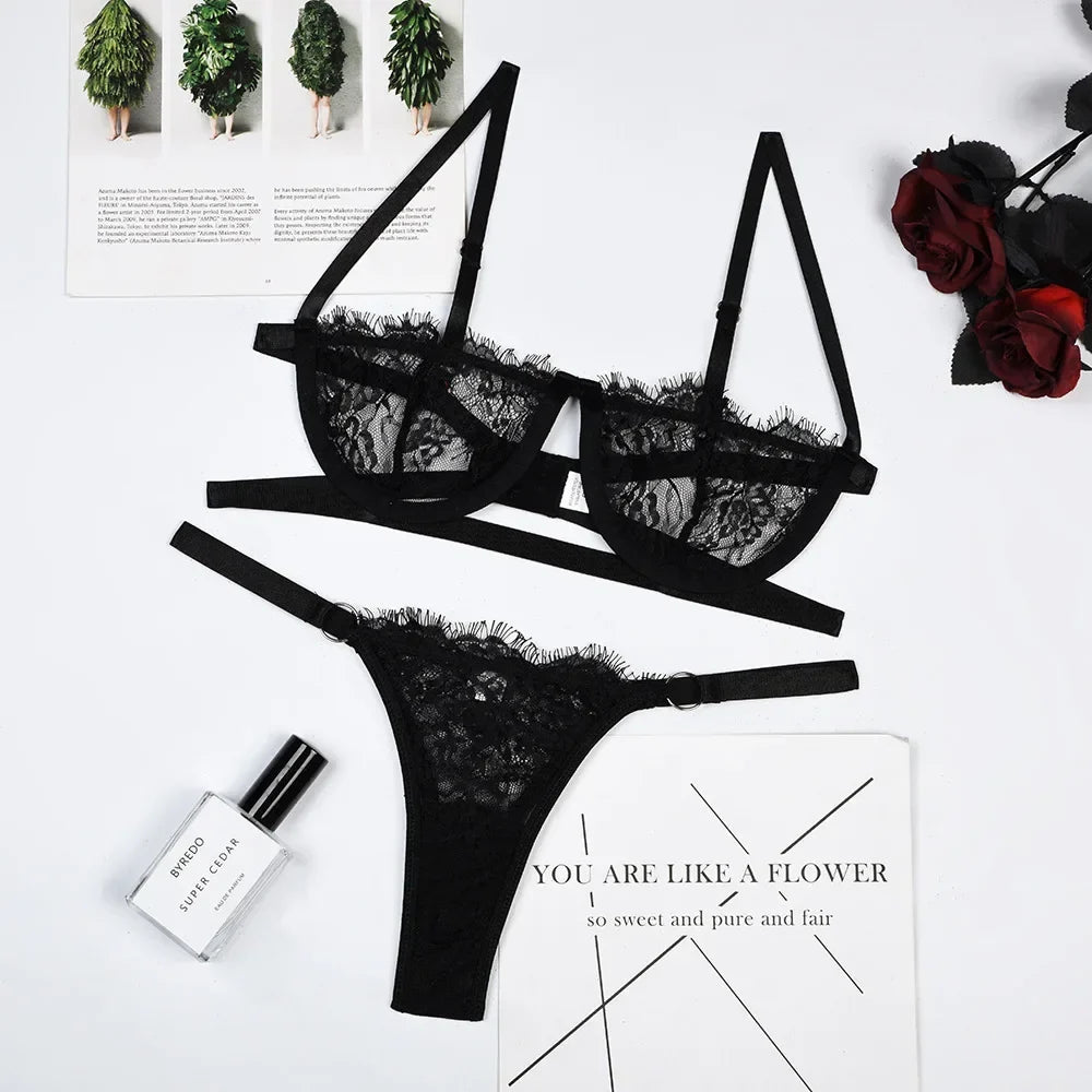 Sexy Lace Bra And Thong Set Woman Porn Fancy Sensual Luxury Lingerie  Transparent Underwear Exotic Sets For Women's Panty Set