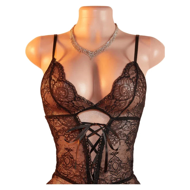 Transparent Bodysuits Lingerie Women Lace Hollow Bra Set Adult Erotic Costume Baby Doll Dress Deep V Open Bra Thin Underwear Set
