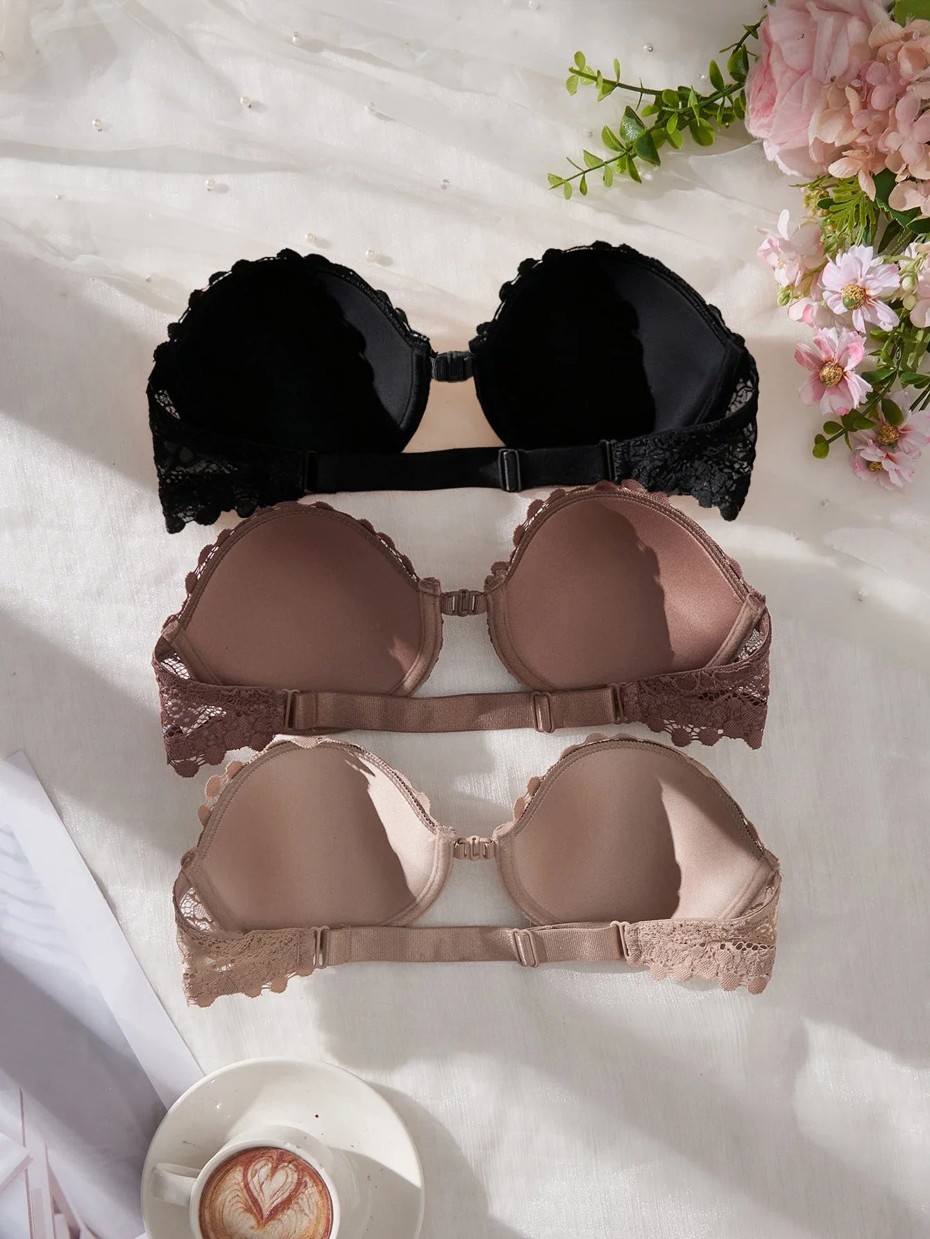 3Pcs Lace Women Strapless Bra Stylish Front Buckle Push up Bra Invisible Off-Shoulder Underwire Bras Women