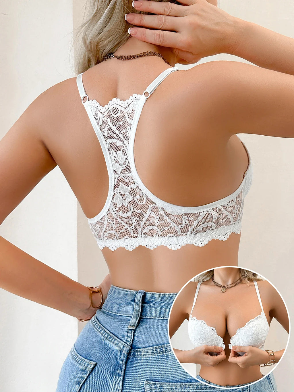 Floral Lace Women's Bra Front Clasp Padded Push up Bra Sexy Backless Underwear Trendy Women's Top