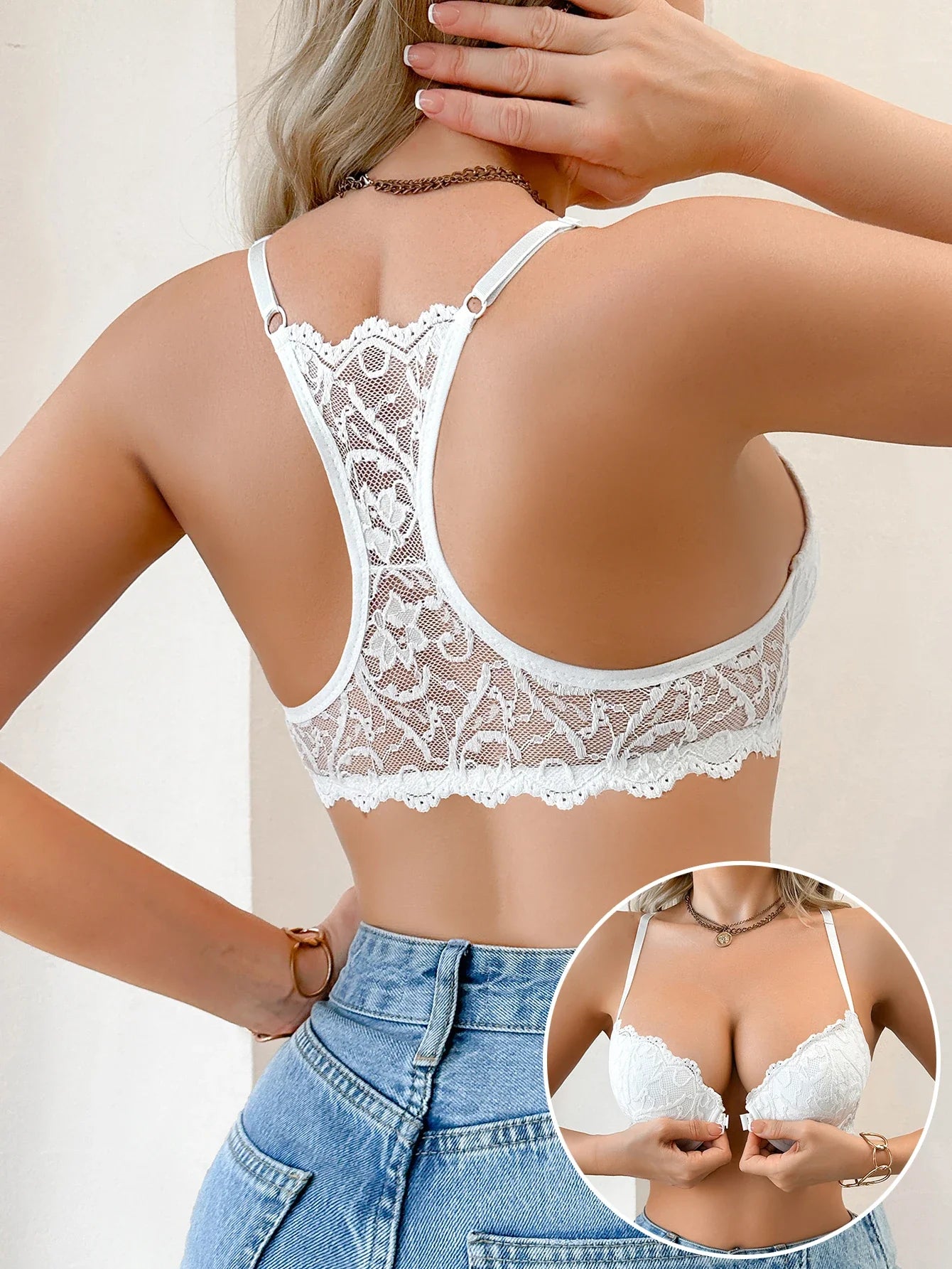 Floral Lace Women's Bra Front Clasp Padded Push up Bra Sexy Backless Underwear Trendy Women's Top