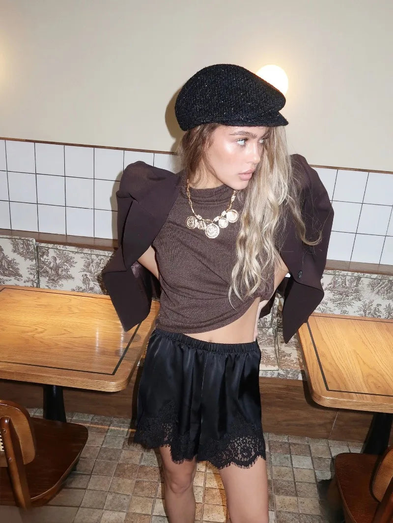 Trendix High Waist Satin Shorts Women's Summer Loose Casual Party Short Pants 2026 Holiday Solid Patchwork Lace Shorts Femme