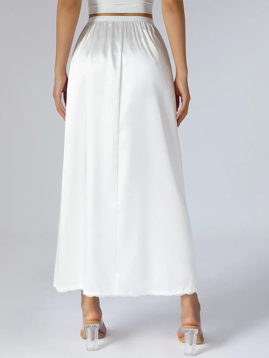 Women's Solid Color Skirts Elastic Waist Satin Underskirt Lace Trim Skirt for Under Dresses Black/White