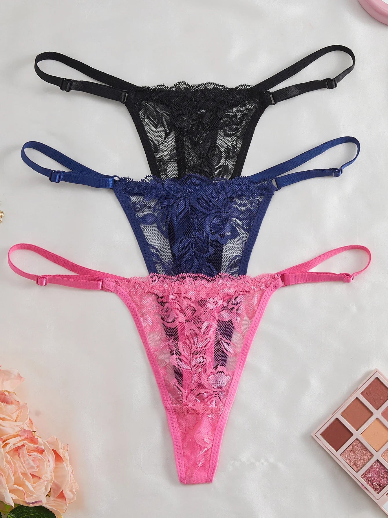 3-Pack Sexy Lace Women's Panties Adjustable Waistband Semi-Transparent Sexy Floral Lace Women's Sexy Lingerie Underwear