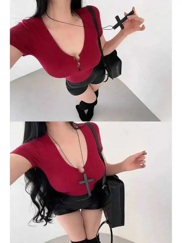 Hot Girl Sexy Hollow V-neck Tight Look Slimming Chest Cushion Short Sleeve Jumpsuit T-shirt Top Body Suits Fashion Women 256M