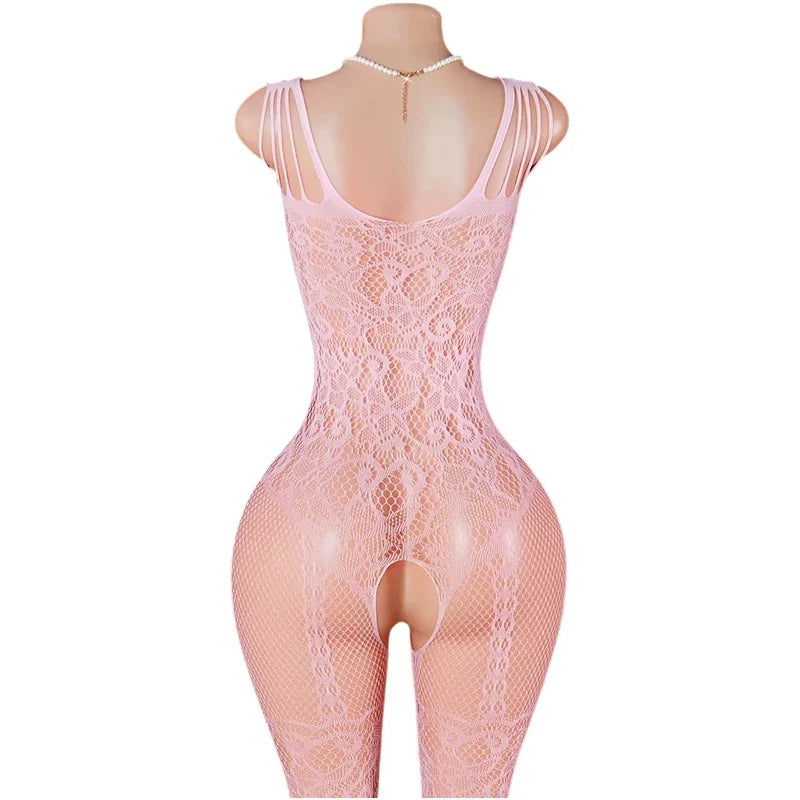 Pink Sexy Lingerie Mesh Bodystockings Teddy Crotchless Fishnet Hollow Open Bra Underwear Erotic Clothing Sexy Lace Bodysuit