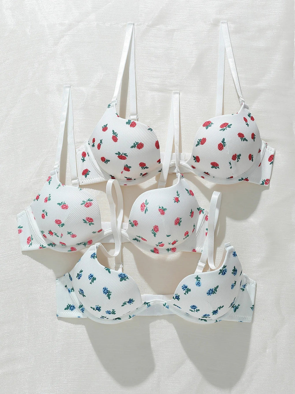 3-Pack Everyday Sweet Women's Bras Simple Solid Color Floral Print Thin Cup Patchwork Ribbed Push-Up Bra with Underwire Bra