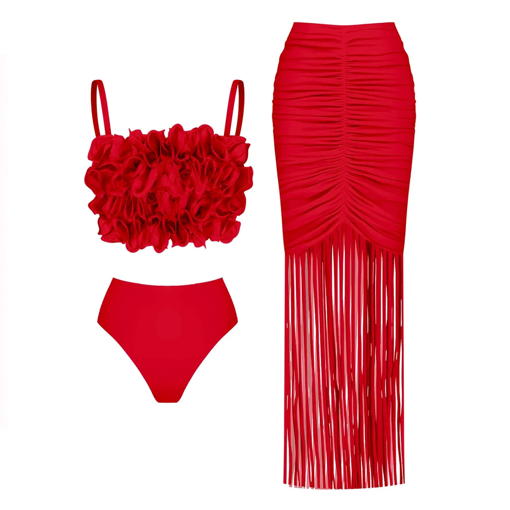 2025 Solid Red Flower Bikini Swimsuit Luxury Women Swimwear Sexy Swim Suit Deep V Monokini Off Shoulder Bodysuit Bathingsuit