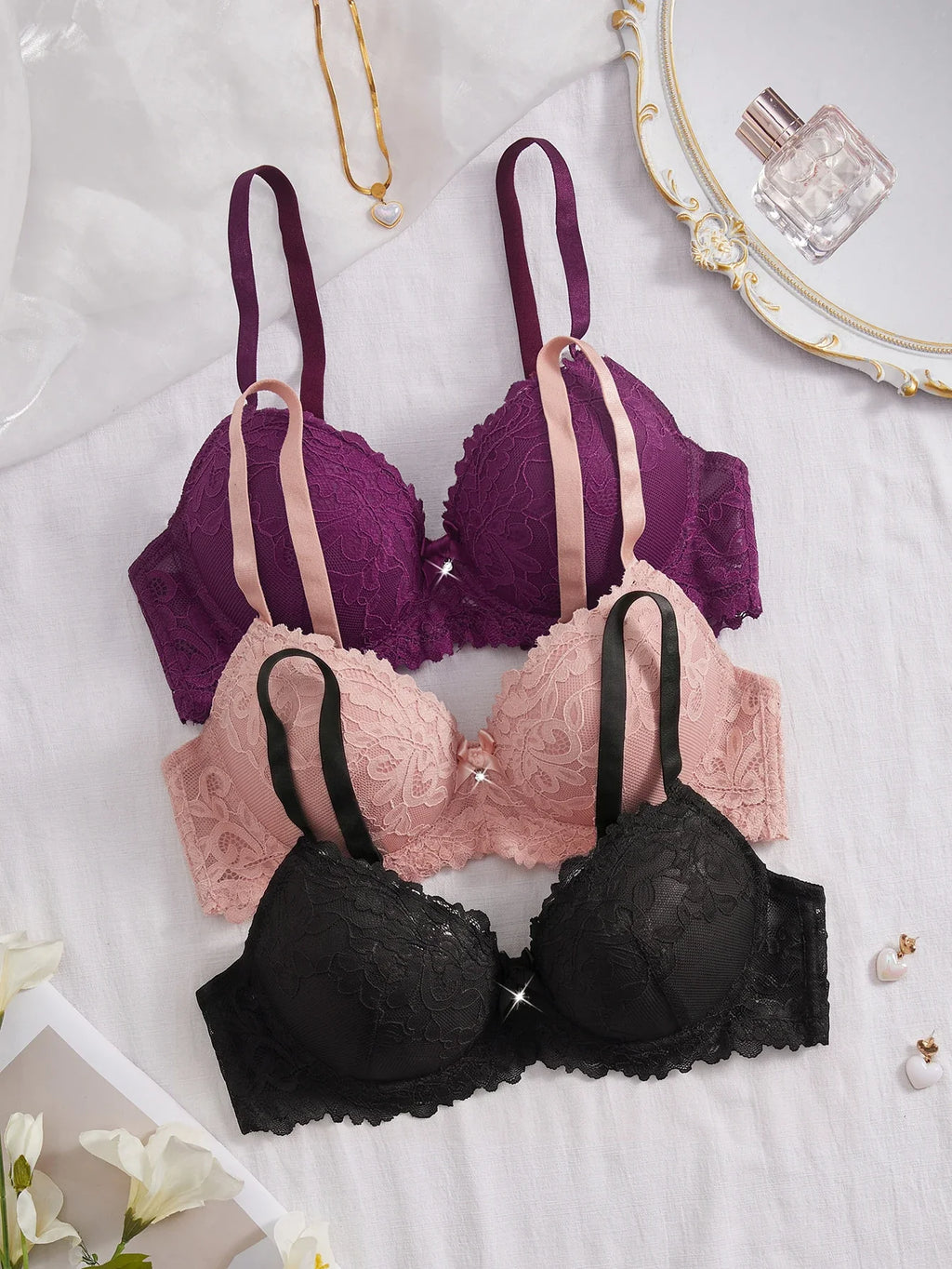 3PCS Lace Trim Women's underwear set Underwire Push up Bra for Women Bow & Rhinestone Comfort Daily Lingerie Set A B C Cup