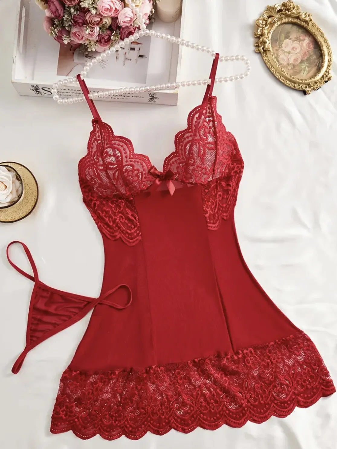 Women Sexy Lingerie Set See-through Deep V Slip Dress Thong Elegant Comfortable. Bow Design Sexy Lace Red Bra Panty Pijamas Set