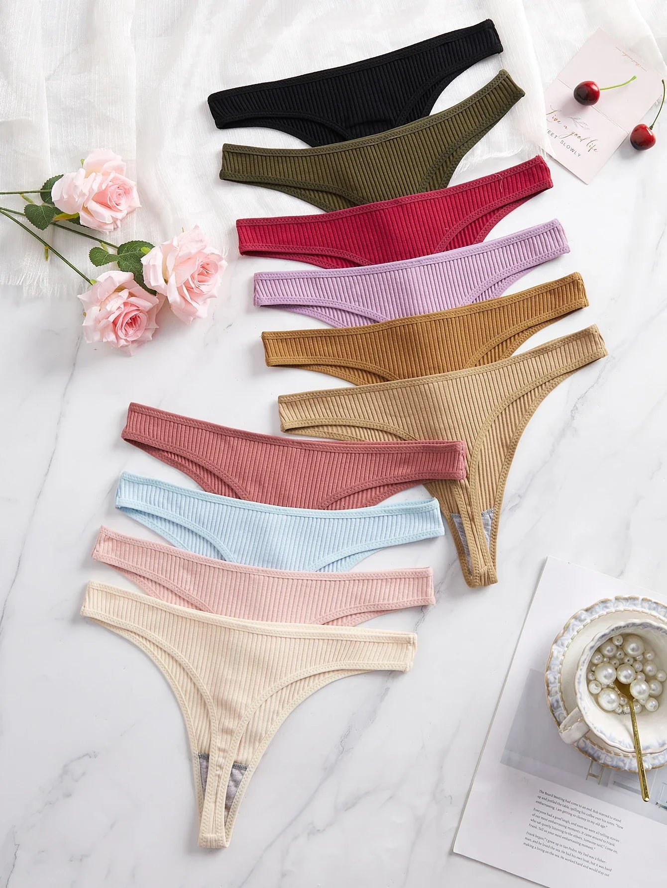 10Pcs Ribbed Women's Panties Everyday Basic Solid Thongs Comfortable Knit Women's Underwear