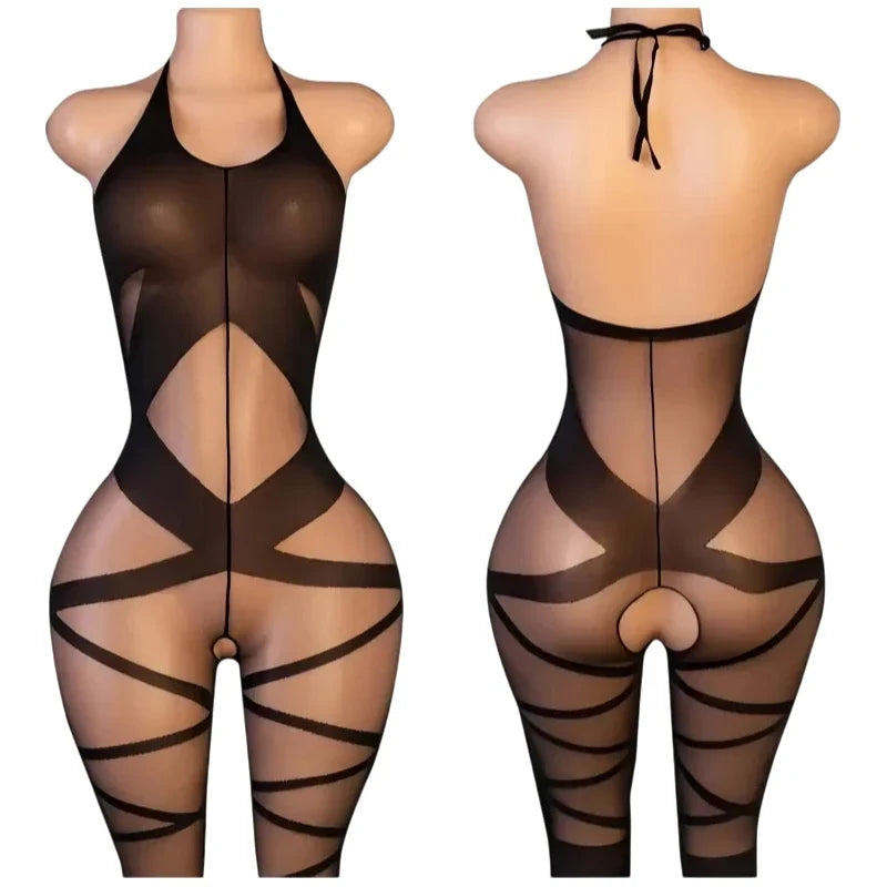One Piece Crotchless Bodystocking EroticTransparent Sexy Lingerie Sexiest Bodysuit Mesh Hollow Bra Set Black Full Body Stockings