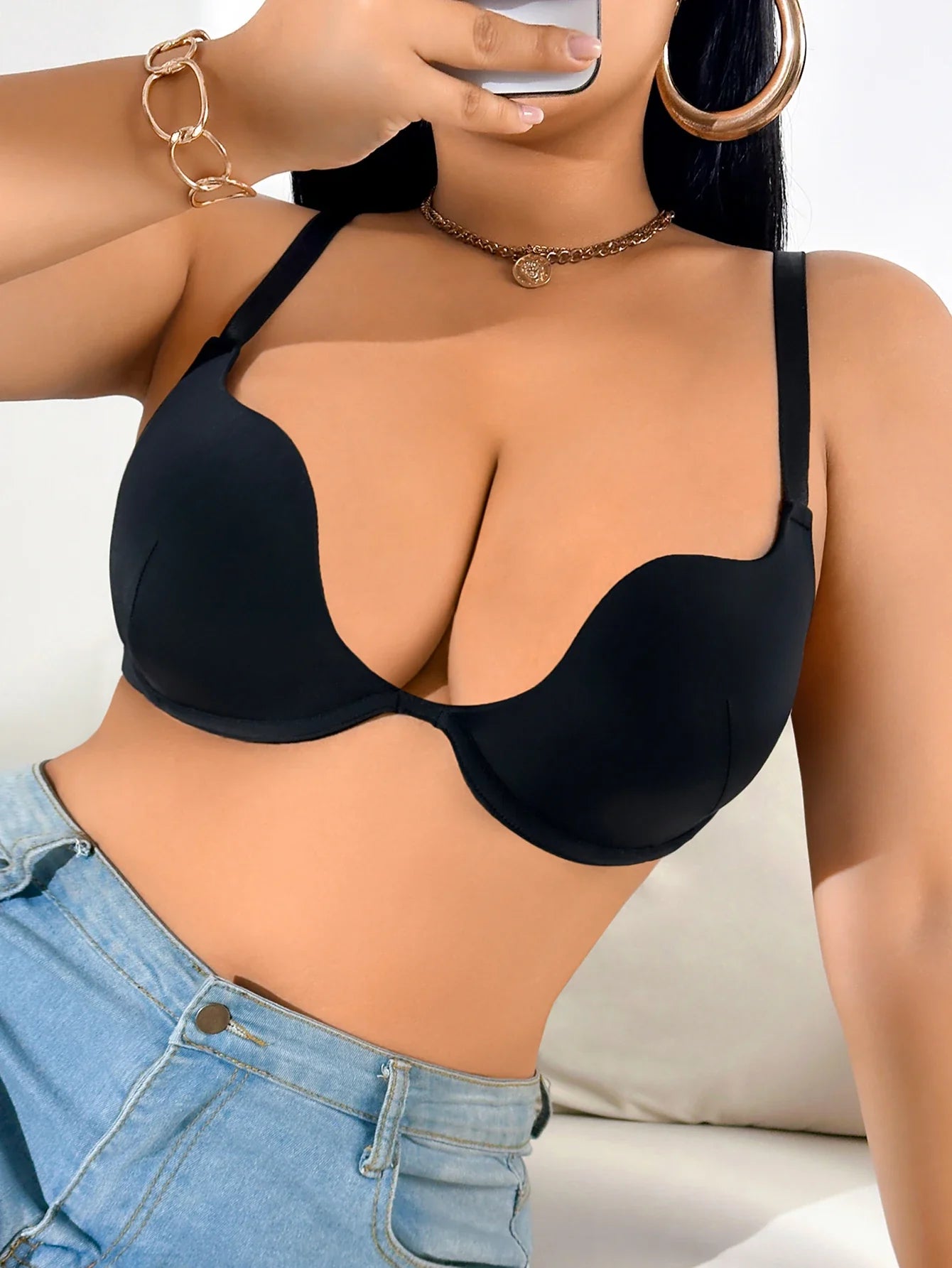 D Thin Cup Large Size Women's Bra Basic Plunge Push-Up Bra Comfortable Support and Minimizer Underwire Bra