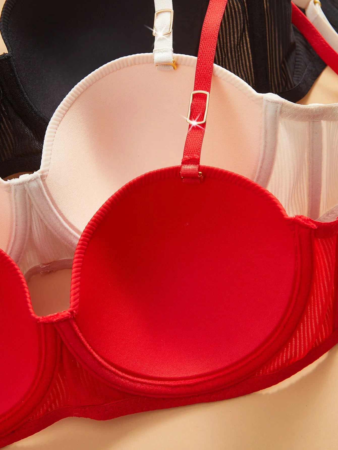 3Pcs Half-Cup Elegant Ribbed Women's Underwear Set Luxury Sexy Bras Solid Underwire Push-Up Bra Comfortable Everyday Bra