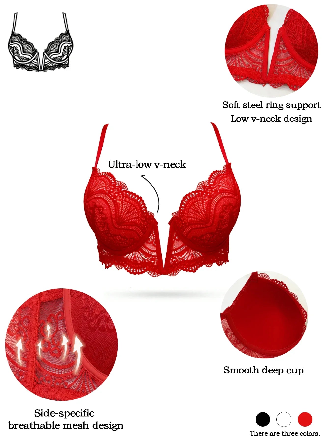 French Women's Lace Trim Bra Sexy Plunge Push Up Underwire Bra Chic & Elegant Ladies Lingerie Underwear