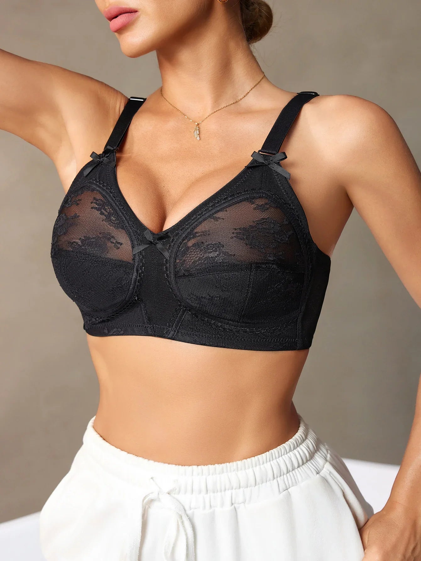 Daily Lace Mesh Women's Bra Wireless Push up Bralette Wide Strap With Bow Comfort Breathable Unlined Lingerie Bra S-XXL