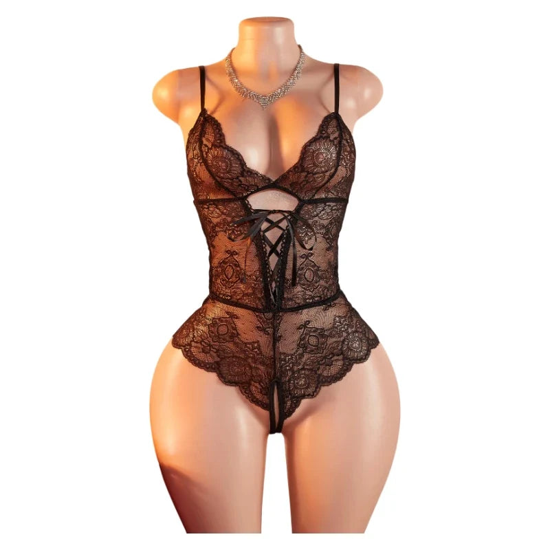 Transparent Bodysuits Lingerie Women Lace Hollow Bra Set Adult Erotic Costume Baby Doll Dress Deep V Open Bra Thin Underwear Set
