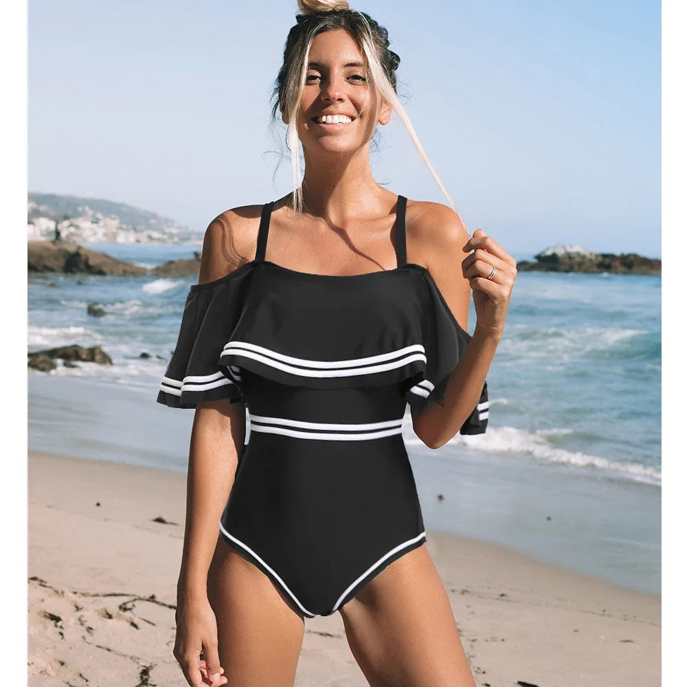 2025 New Sexy Off The Shoulder Solid Swimwear Women One Piece Swimsuit Female Bathing Suit Ruffle Monokini Swim Wear XL
