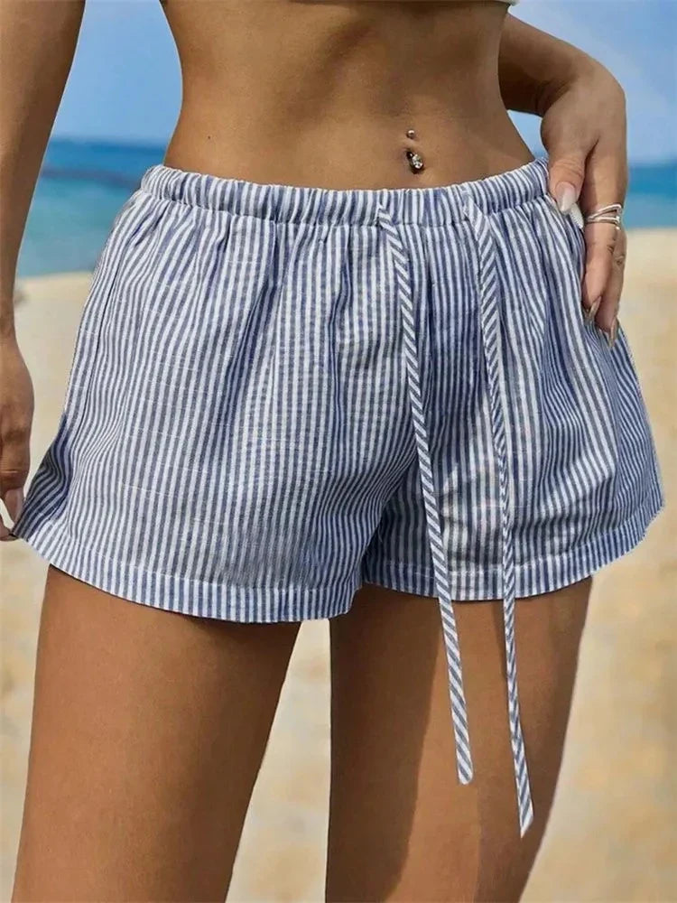 Women Striped Short for Summer Drawstring Elastic Waist Shorts Beach Clothes Streetwear