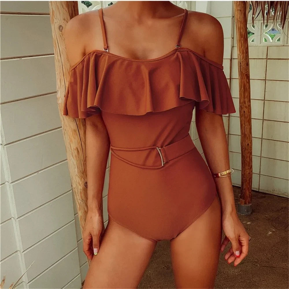 2025 New Sexy Off The Shoulder Solid Swimwear Women One Piece Swimsuit Female Bathing Suit Ruffle Monokini Swim Wear XL