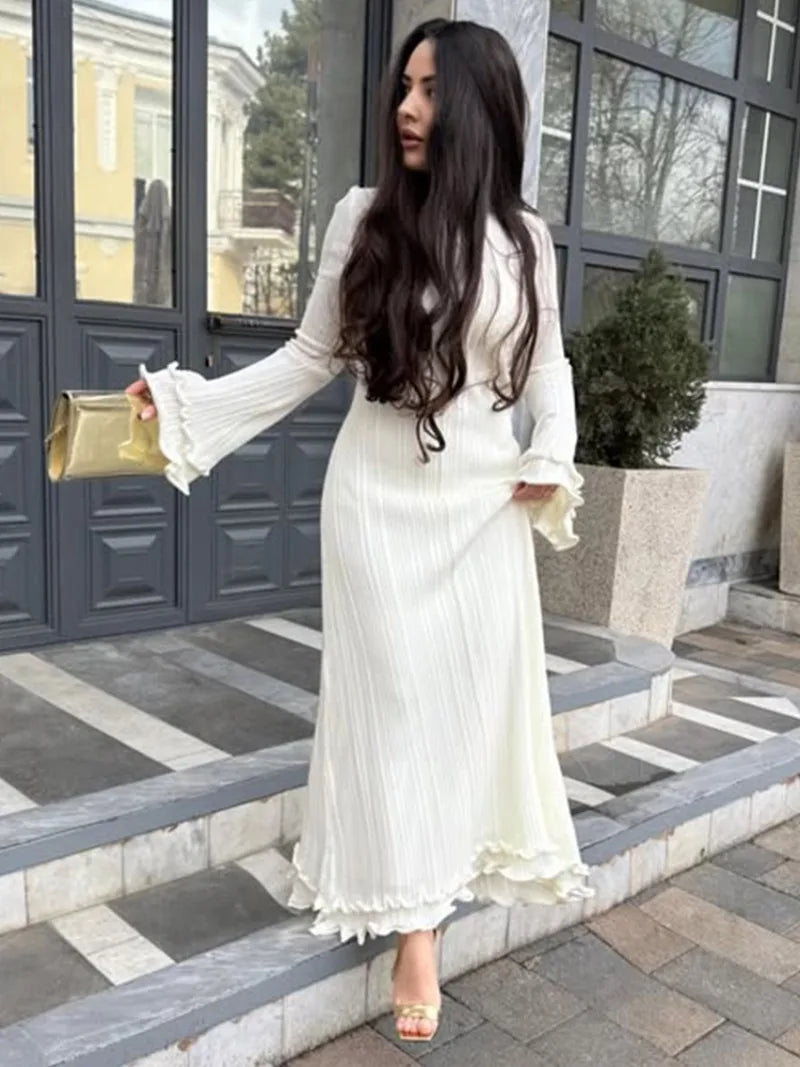 Trendix Knit Elegant Ruffle Maxi Dress Women Summer High Waist Long Sleeve Lace Up Dresses Casual Sexy Backless Knitwear Dress