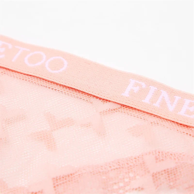 FINETOO Women Sexy Lace Low-Rise Thongs Letter Waist Transparent G-String Ladies Seamless Lingerie Hollow Out Perspective T-Back