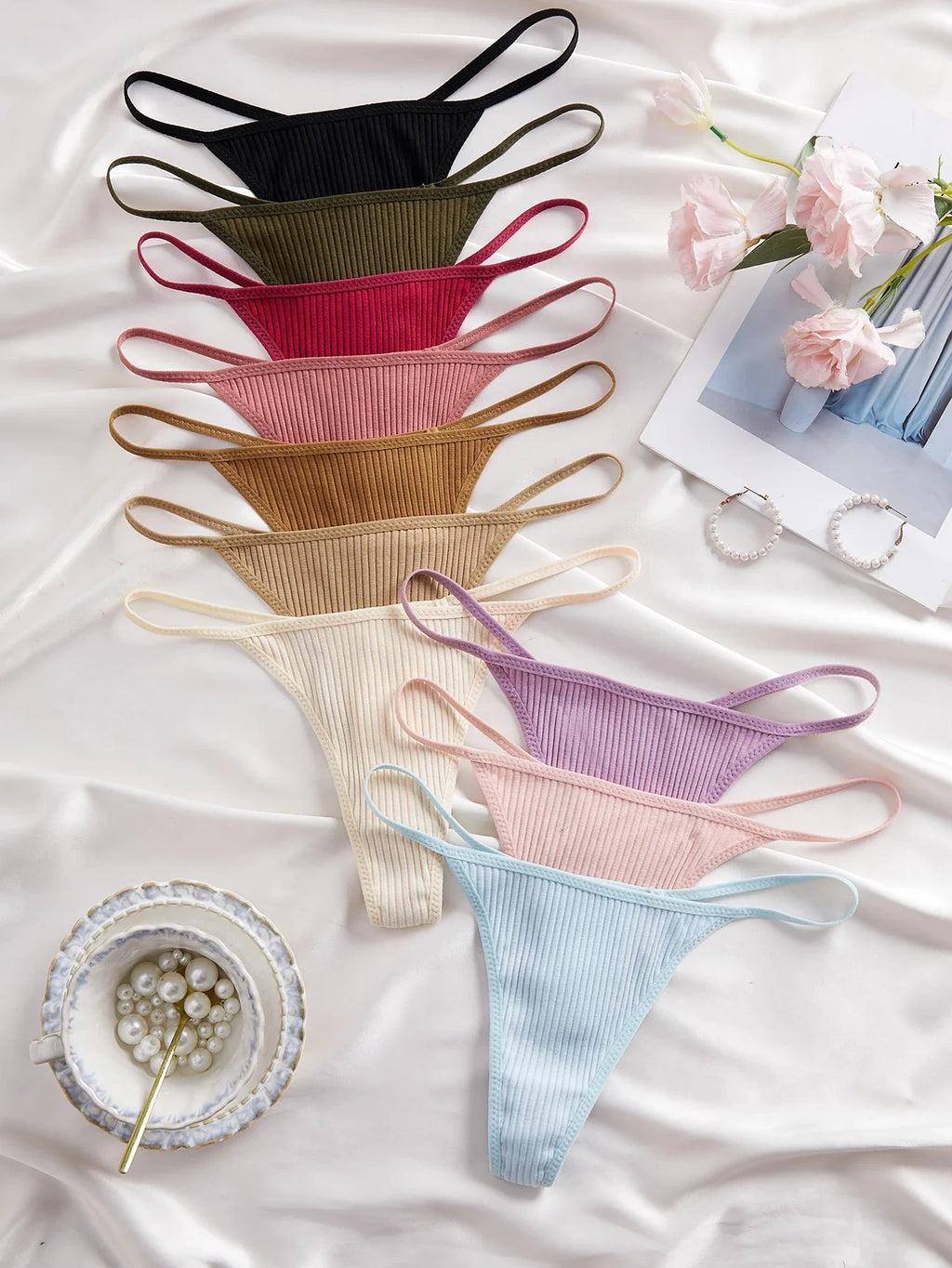 8PCS Women's Ribbed Thong Underwear, Soft Breathable Low Rise G String Panties, Slim Straps Multi-Color Pack