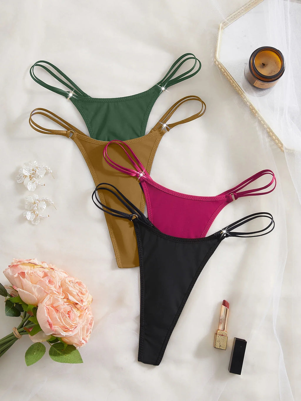 4 Piece Women Panties Sexy Low Rise G‑String Double Waistband Thong Fashion Female Sexy Underwear