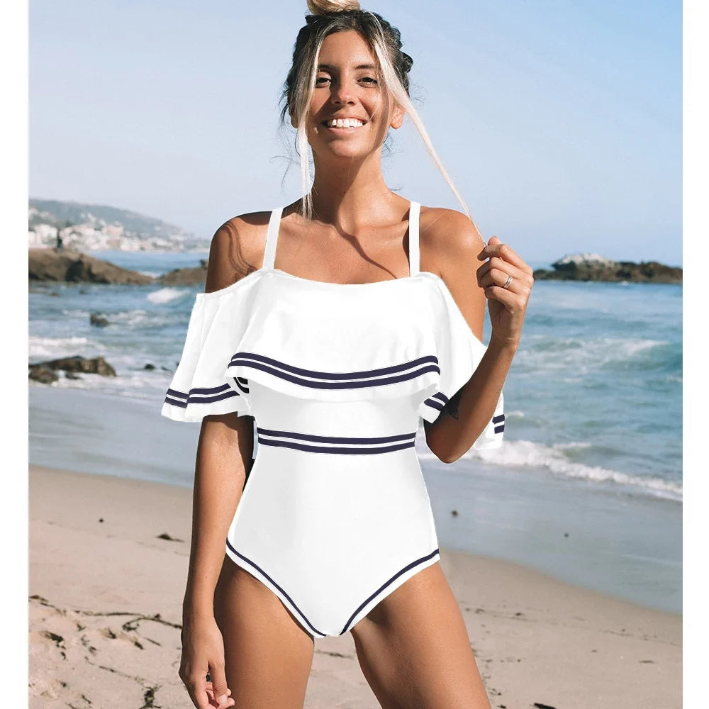 2025 New Sexy Off The Shoulder Solid Swimwear Women One Piece Swimsuit Female Bathing Suit Ruffle Monokini Swim Wear XL