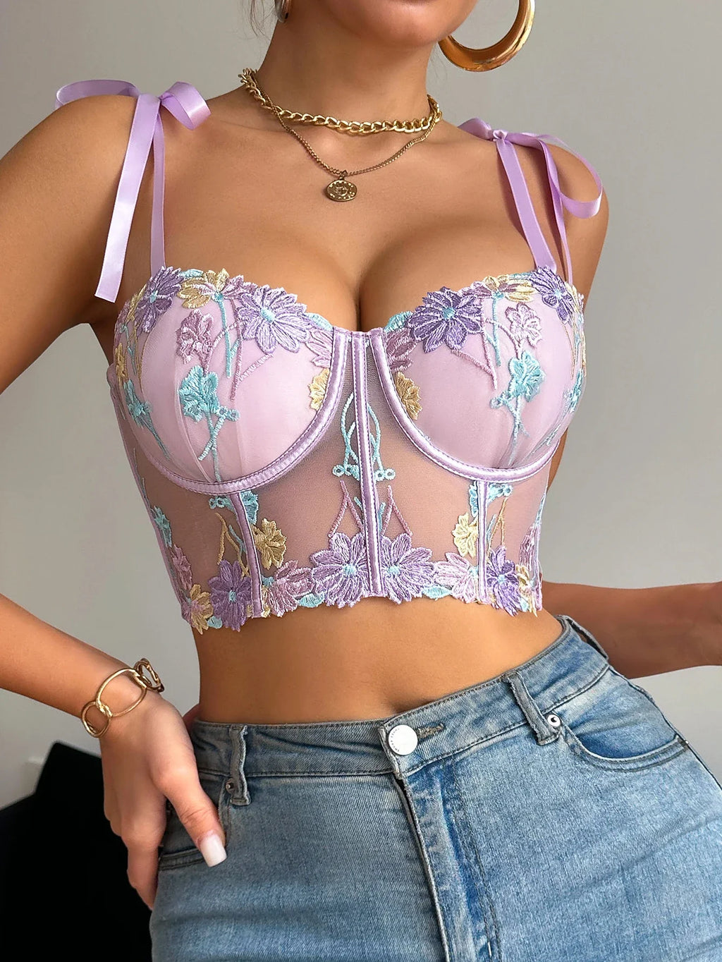 1/2 Cup Women's Lace Spliced Embroidery Floral Sexy Bras Sheer Mesh Corset Top with Tie Straps Women's Bra