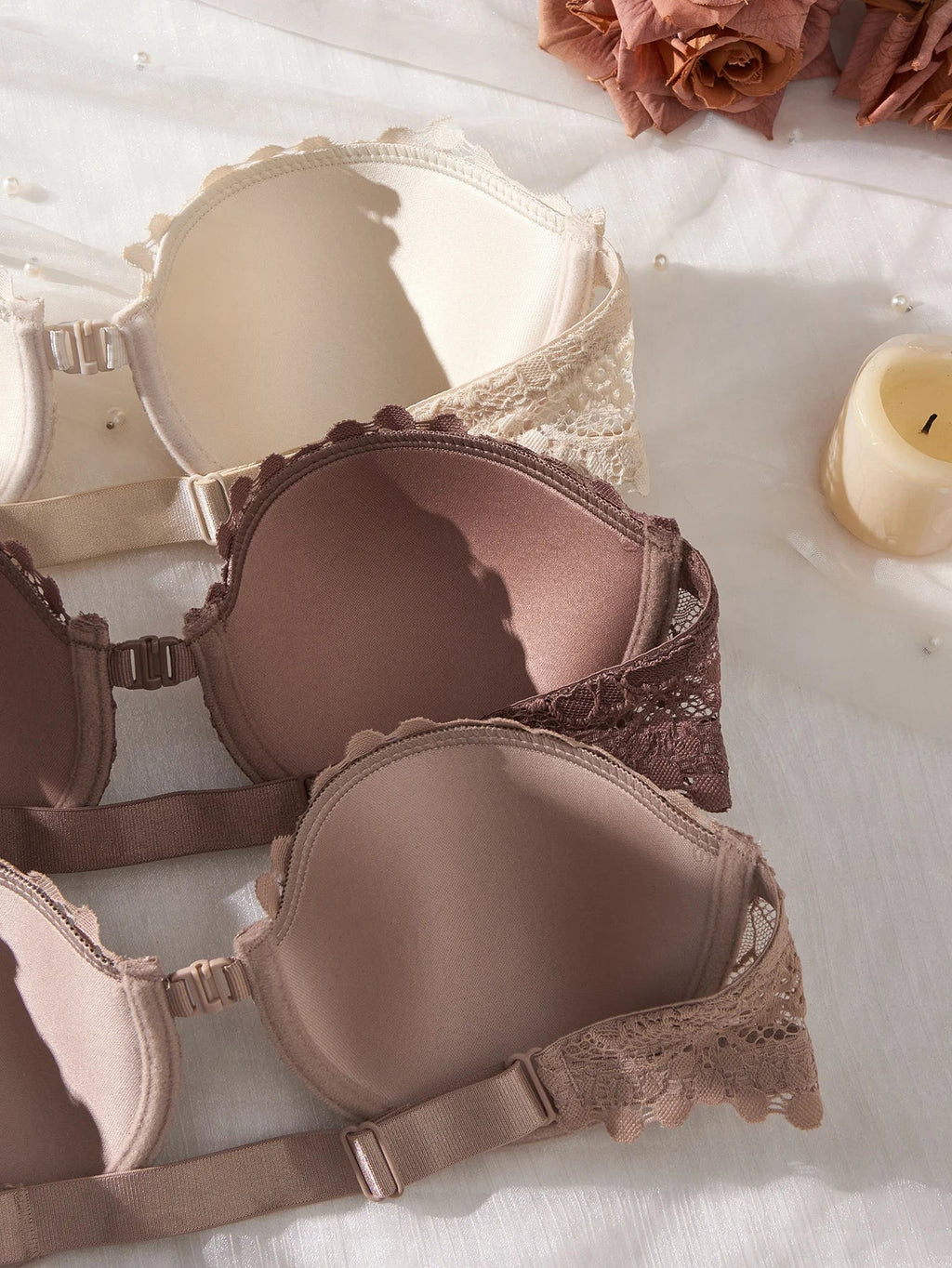 3Pcs Lace Women Strapless Bra Stylish Front Buckle Push up Bra Invisible Off-Shoulder Underwire Bras Women