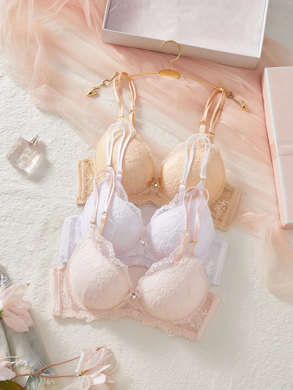 3PCS Sexy Floral Lace Women's Underwear Set Bow Push up Bra Supportive and Comfortable Unpadded Female Lace Bra