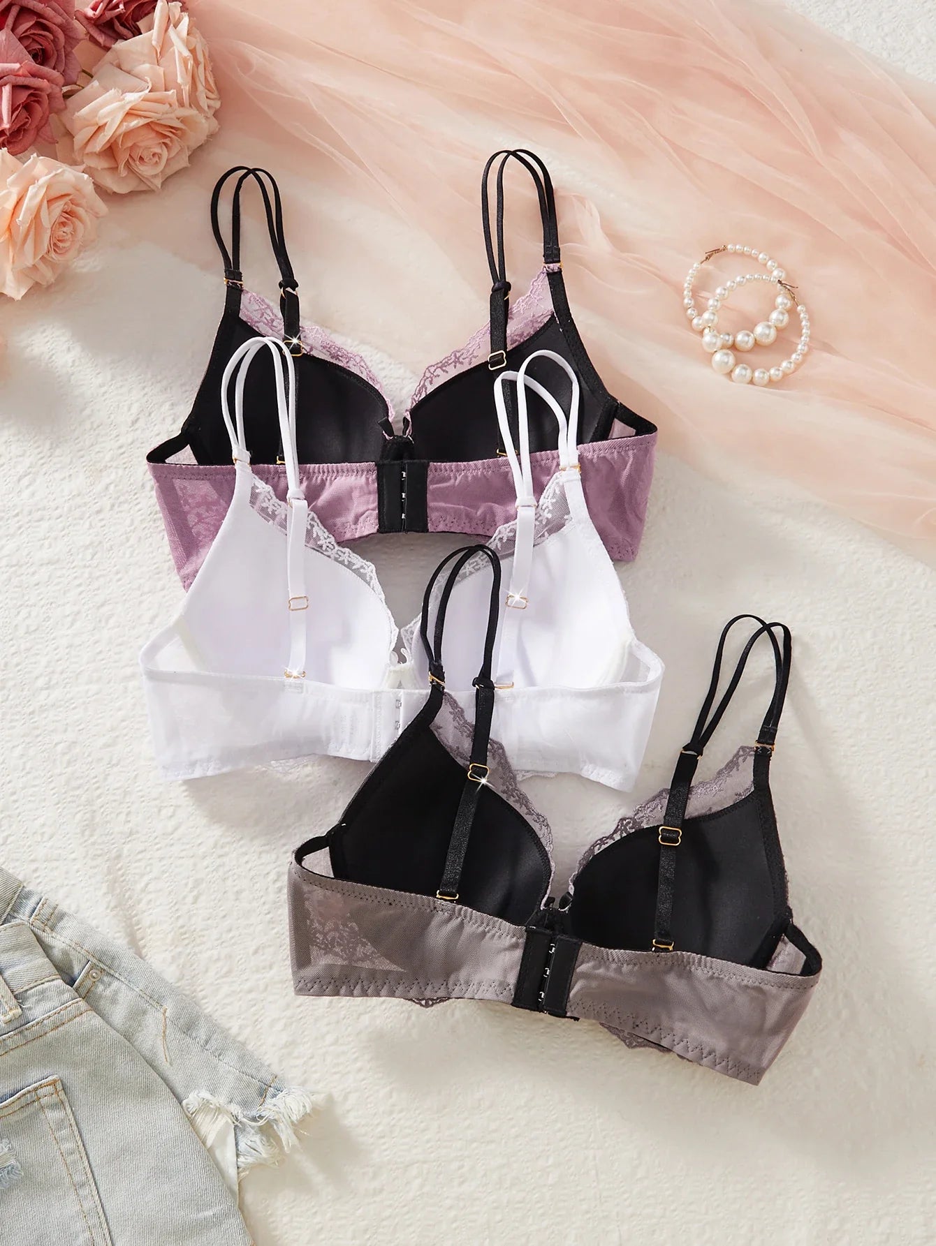 3PCS Sexy Floral Lace Women's Underwear Set Bow Push up Bra Supportive and Comfortable Unpadded Female Lace Bra