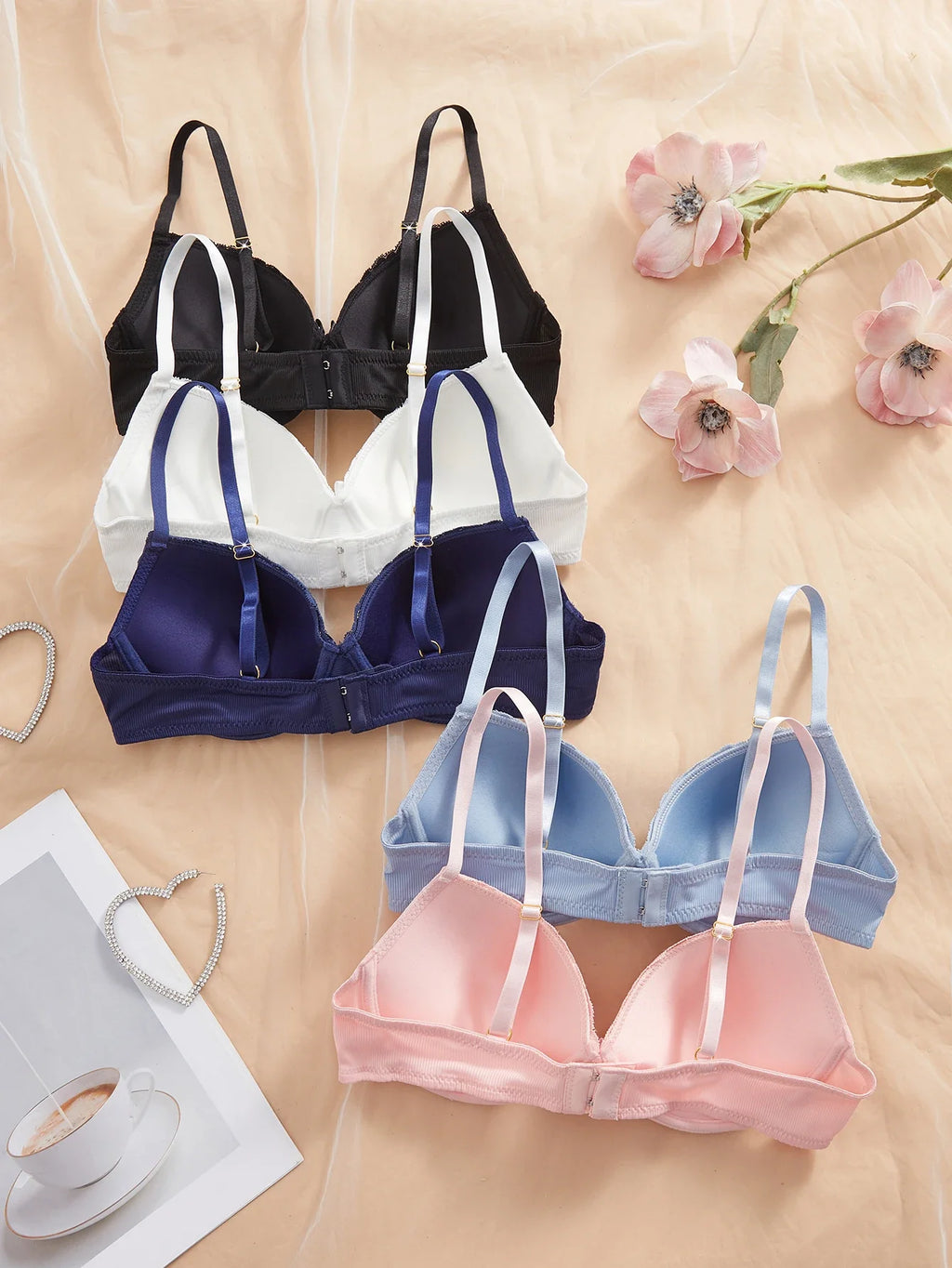 5Pcs Daily Lace Trim Women's Underwear Set Solid Ribbed Push up Bra Comfy & Fashionable Women Underwire Bras