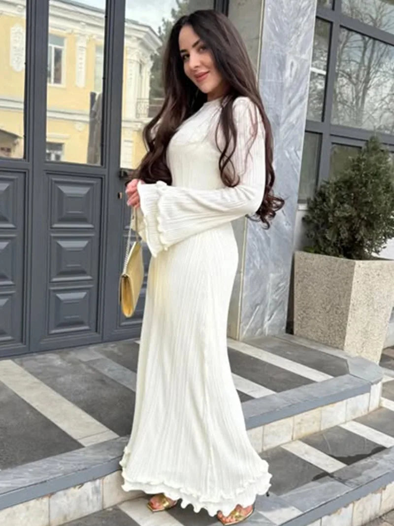 Trendix Knit Elegant Ruffle Maxi Dress Women Summer High Waist Long Sleeve Lace Up Dresses Casual Sexy Backless Knitwear Dress