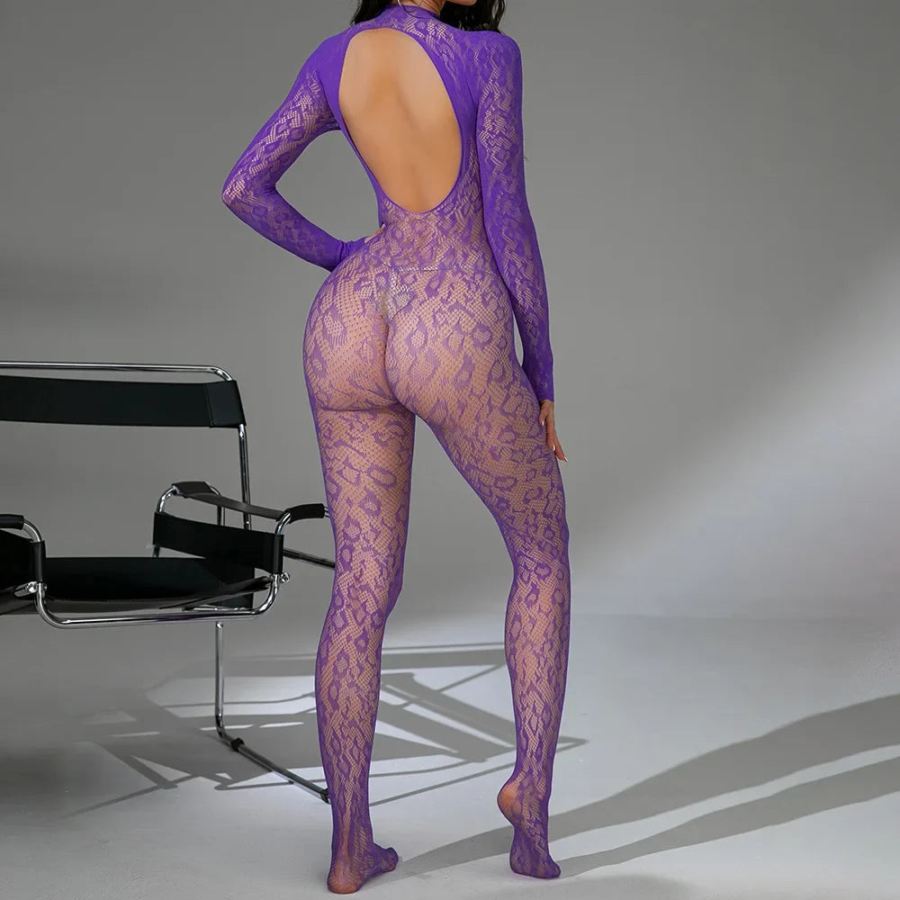 New Erotic Fishnet Bodystocking Purple Temptation Pajamas Women's Transparent Hollow Porn Sexy Lingerie Bodysuit Exotic Costumes