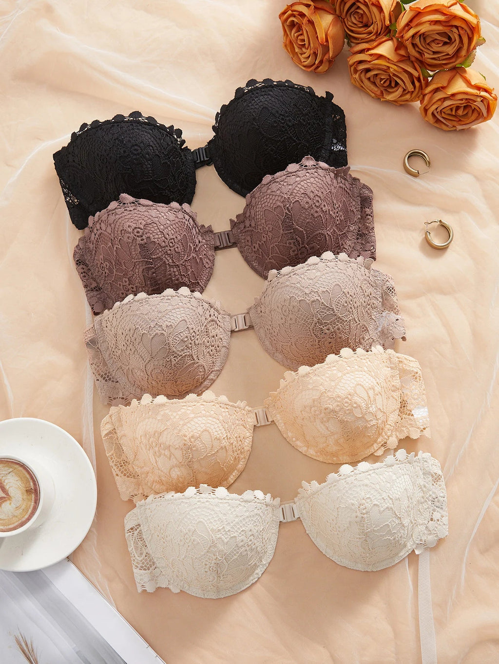 3Pcs Lace Women Strapless Bra Stylish Front Buckle Push up Bra Invisible Off-Shoulder Underwire Bras Women