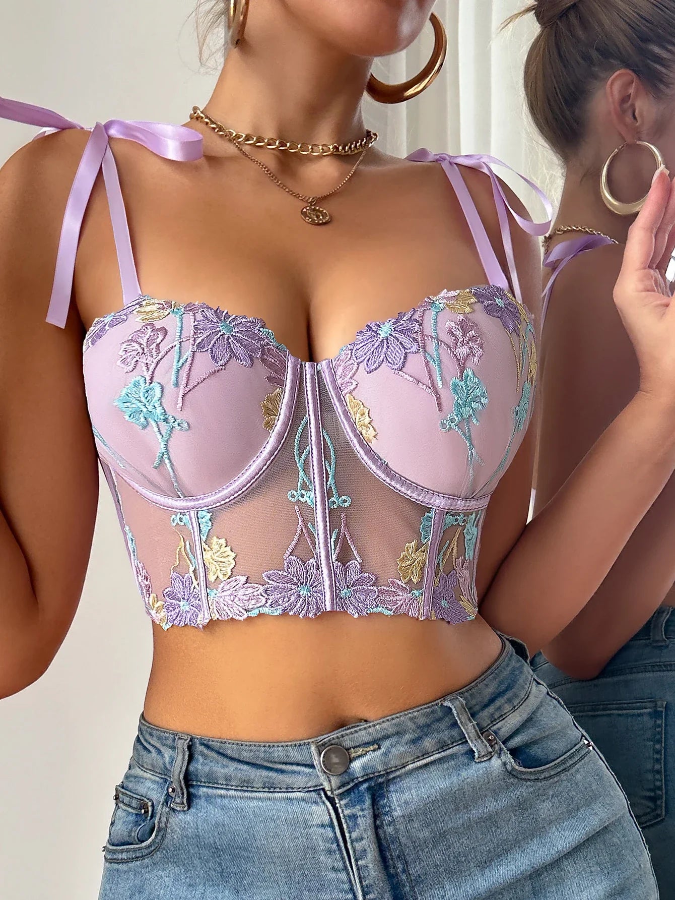 1/2 Cup Women's Lace Spliced Embroidery Floral Sexy Bras Sheer Mesh Corset Top with Tie Straps Women's Bra