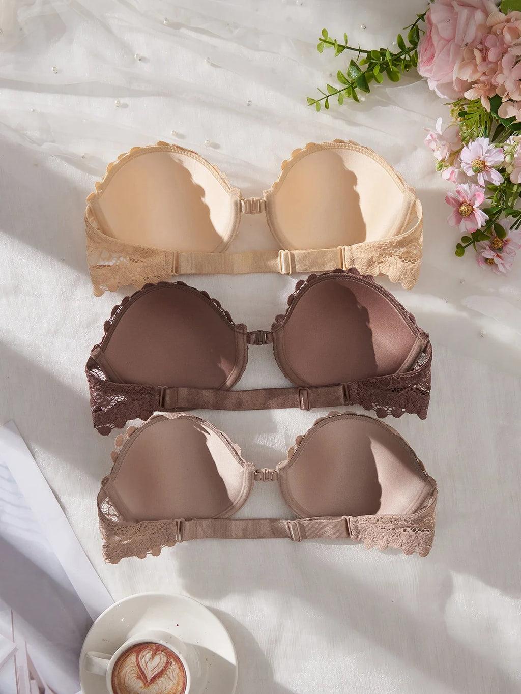 3Pcs Lace Women Strapless Bra Stylish Front Buckle Push up Bra Invisible Off-Shoulder Underwire Bras Women