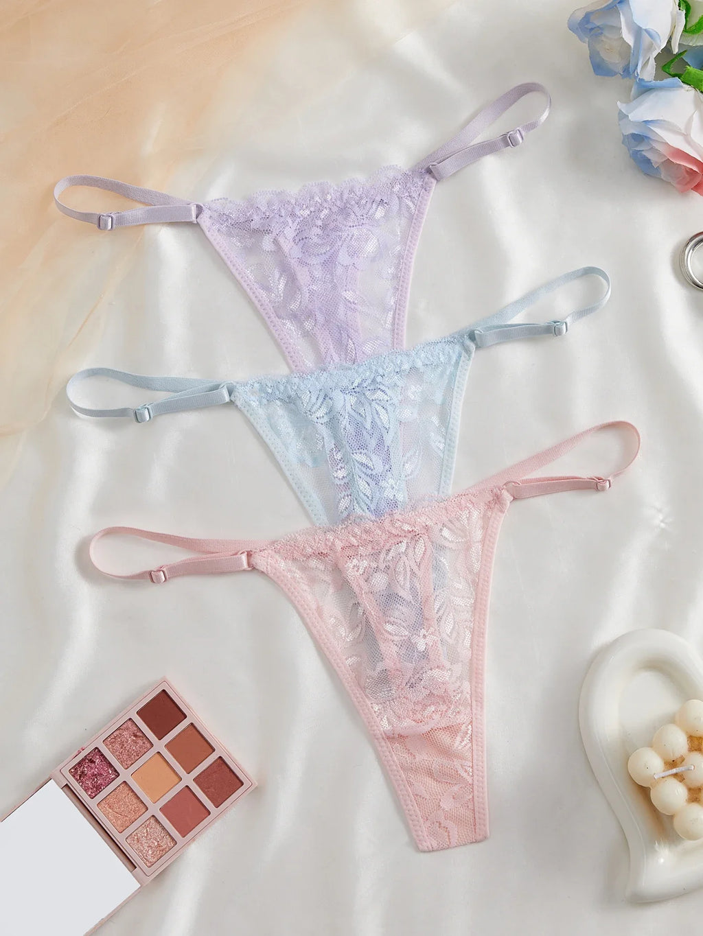 3-Pack Sexy Lace Women's Panties Adjustable Waistband Semi-Transparent Sexy Floral Lace Women's Sexy Lingerie Underwear