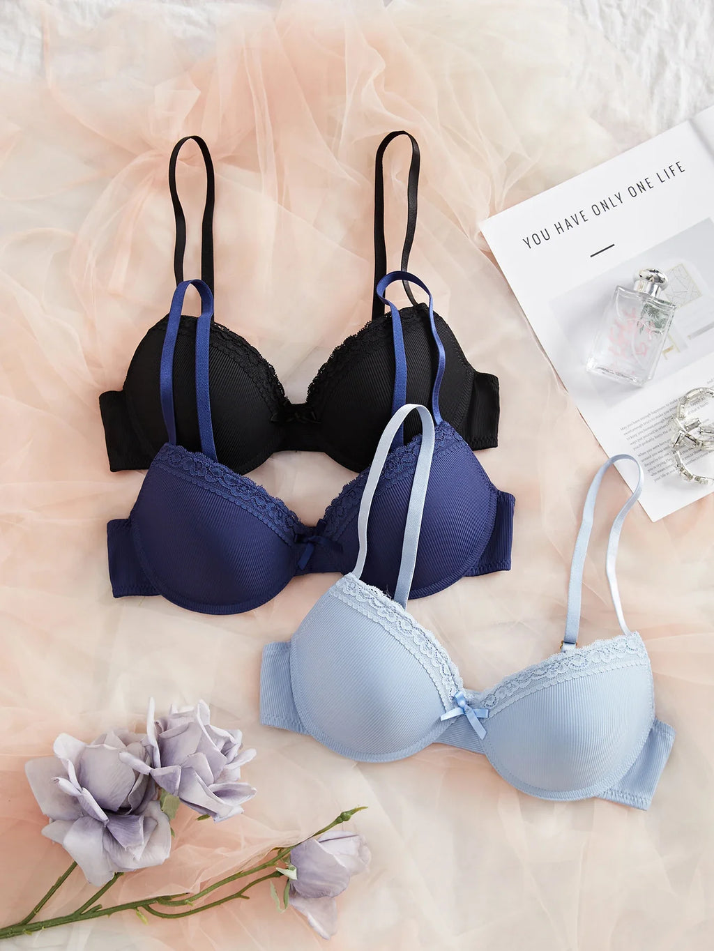 3PCS Women's Underwear Set Lace Trim Ribbed Push Up Bra Bow Comfortable Underwire Support Women's Bra