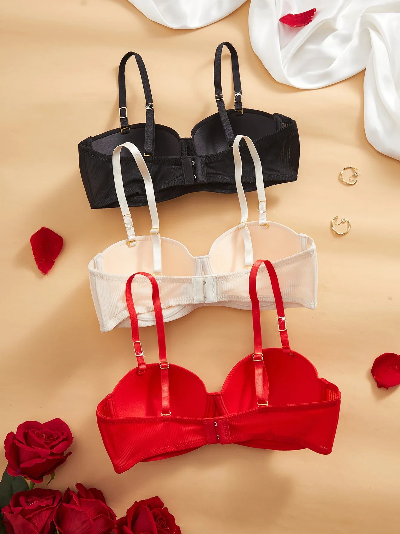 3Pcs Half-Cup Elegant Ribbed Women's Underwear Set Luxury Sexy Bras Solid Underwire Push-Up Bra Comfortable Everyday Bra