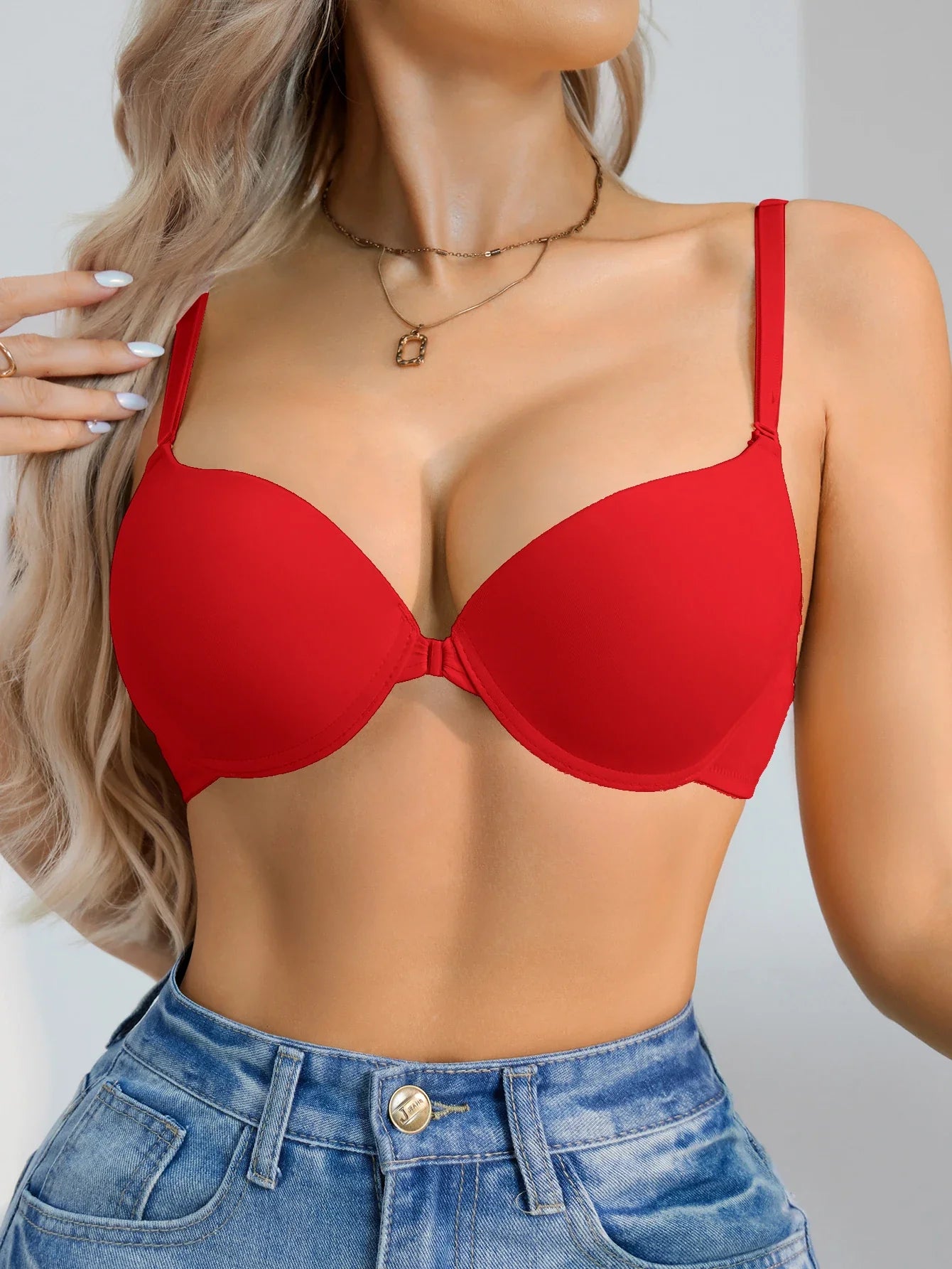 1Pcs Daily Basic Women's Bra Solid Front-Clasp Lining Push-Up Bra Comfortable Underwire T-Shirt Bra for Women