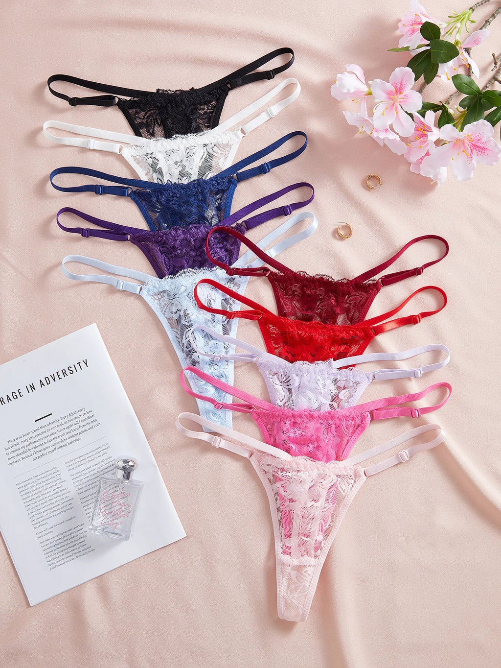 10Pcs/Set Sexy Lace Women Panties Low Waist G‑String Thong Adjustable Waistband Lingerie Underwear