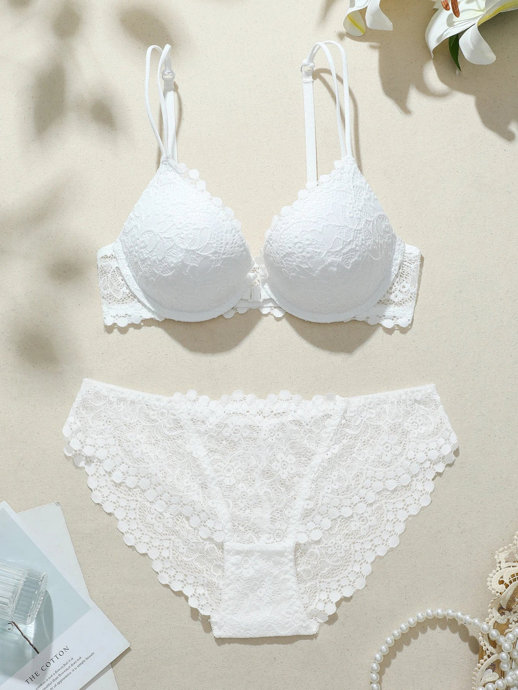 Women's White Lace Front Closure Lingerie Set, Double Strap Push Up Bra with Sexy Lace Trim ComfortableSemi-Sheer Panties