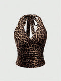 Leopard Printed V-neck Backless Halter Crop Top for Women Summer Sexy Y2K Sleeveless Ruched Top Streetwear